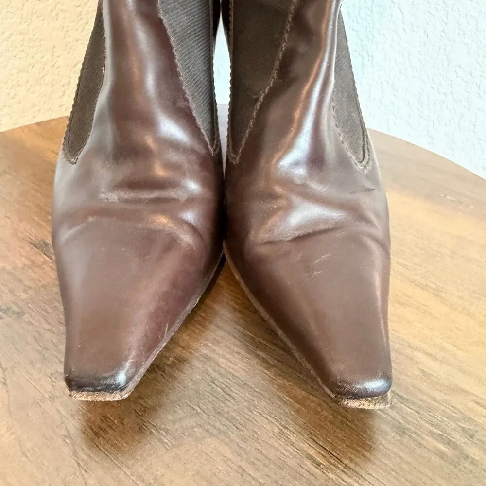 Yves Saint Laurent Brown Leather Pull-On Heeled Sock Bootie Women's Size 39 US 9